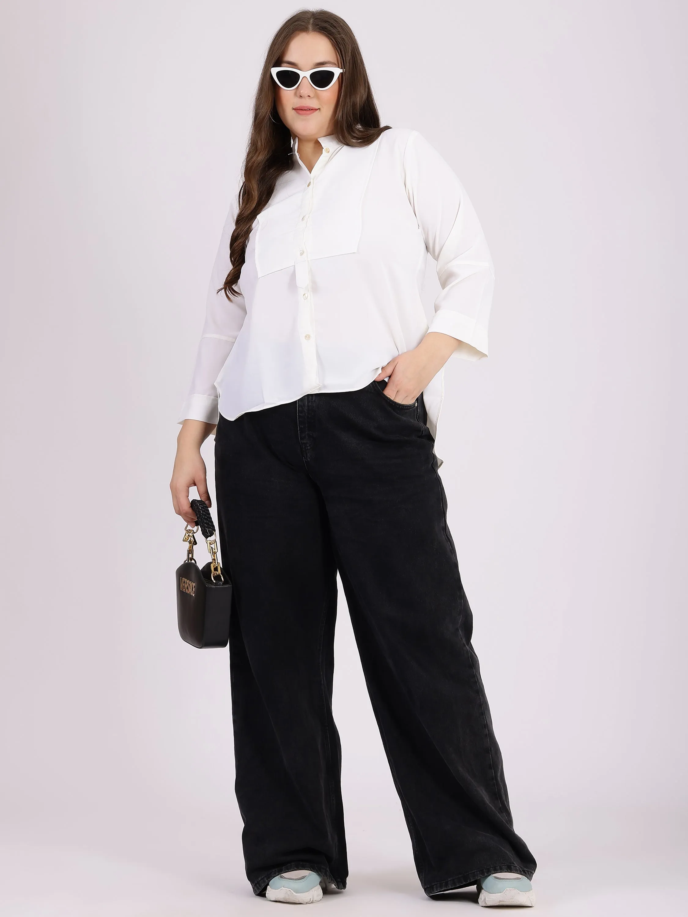 Mandarin Collar Shirt Style White Top