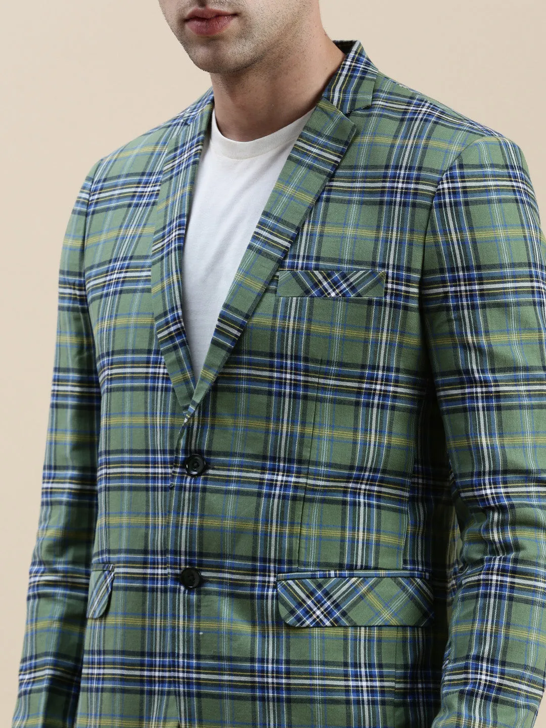 Men Green Checked Notched Lapel Blazer