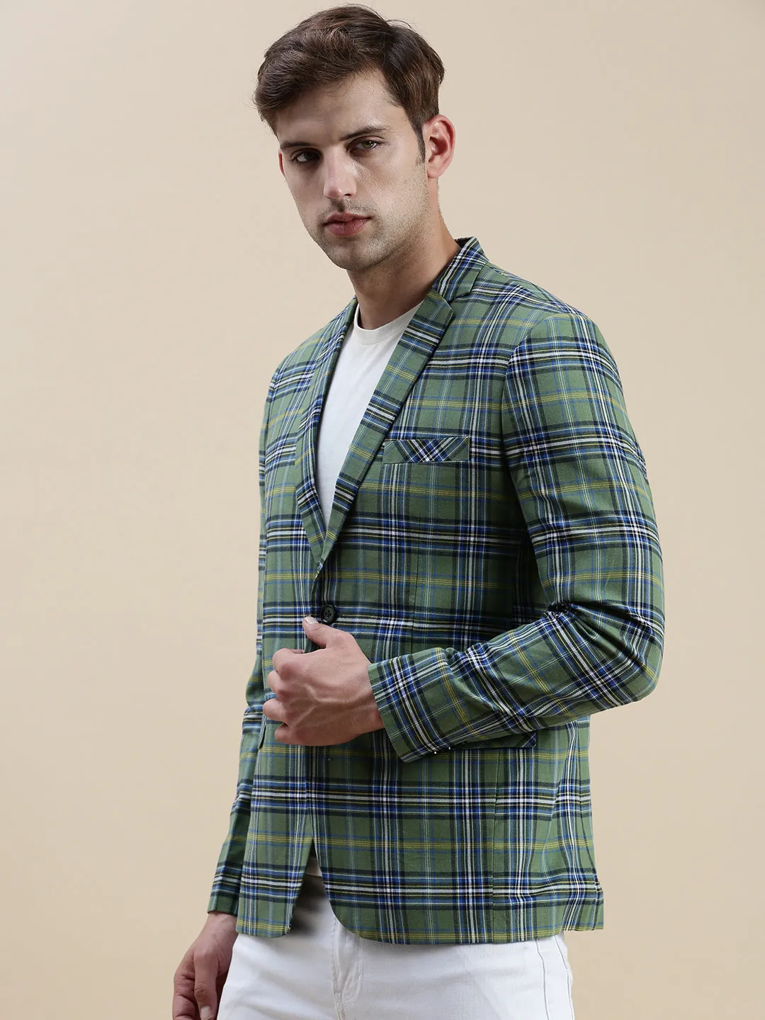 Men Green Checked Notched Lapel Blazer