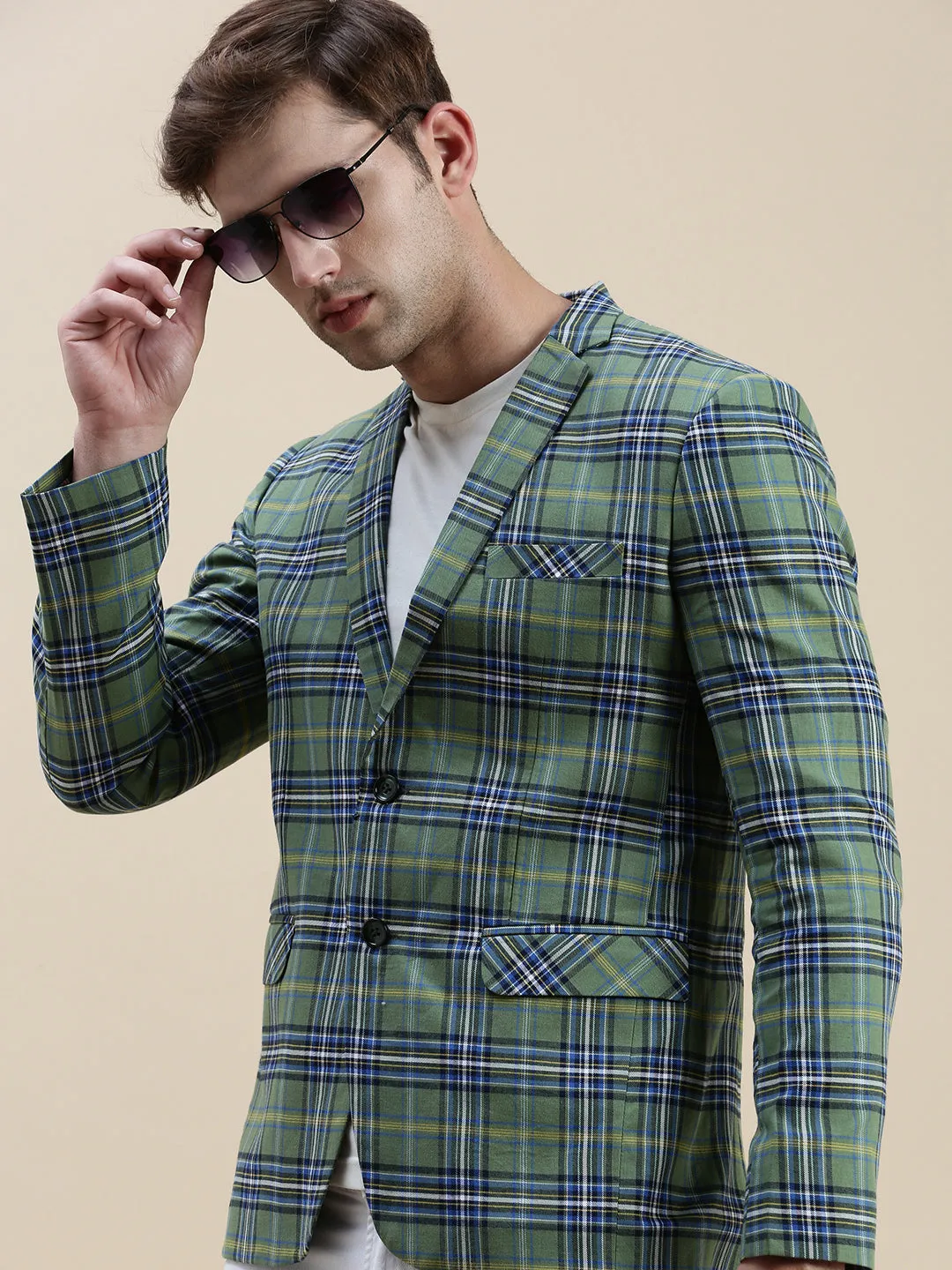 Men Green Checked Notched Lapel Blazer