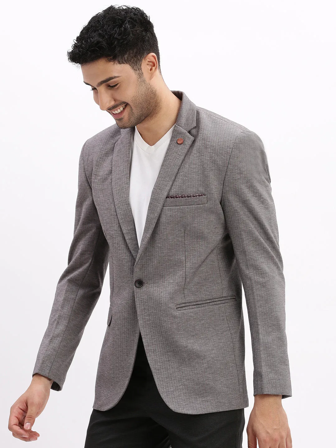 Men Striped Grey Single Breasted Blazer