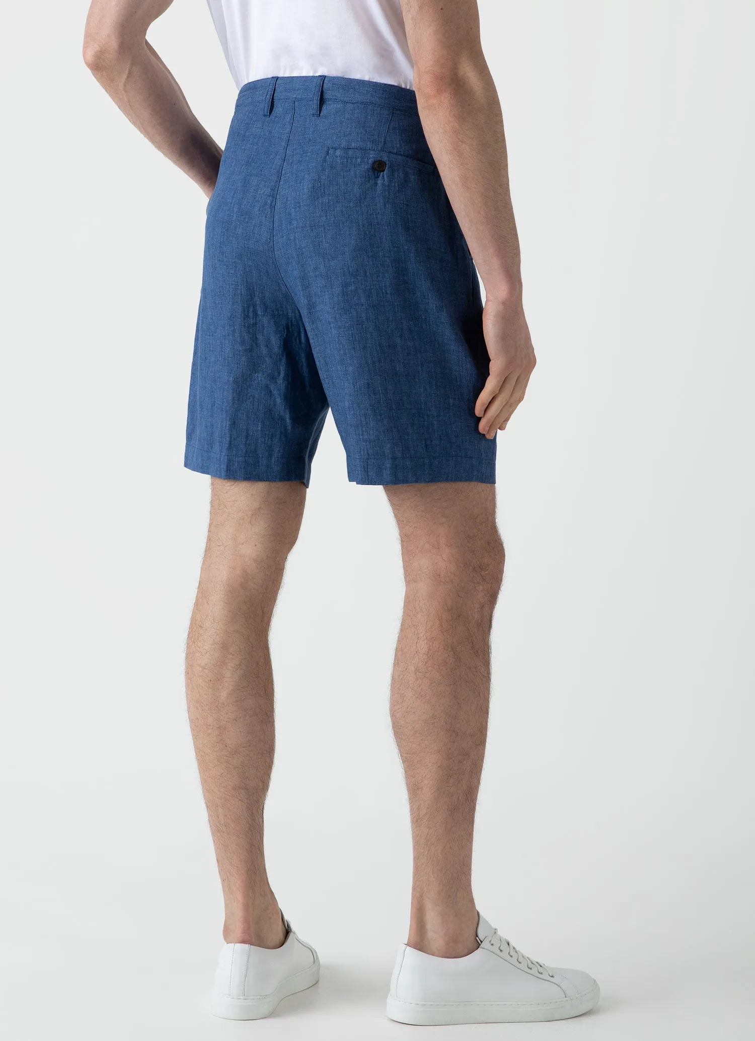 Men's Pleated Linen Short in Blue Melange