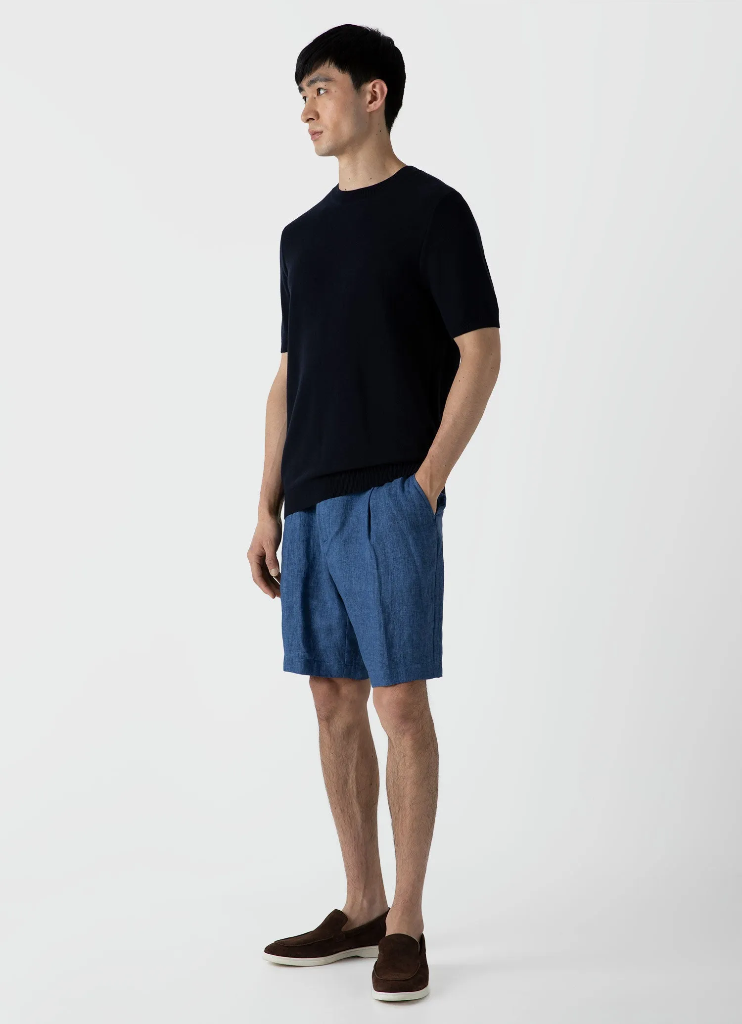 Men's Pleated Linen Short in Blue Melange