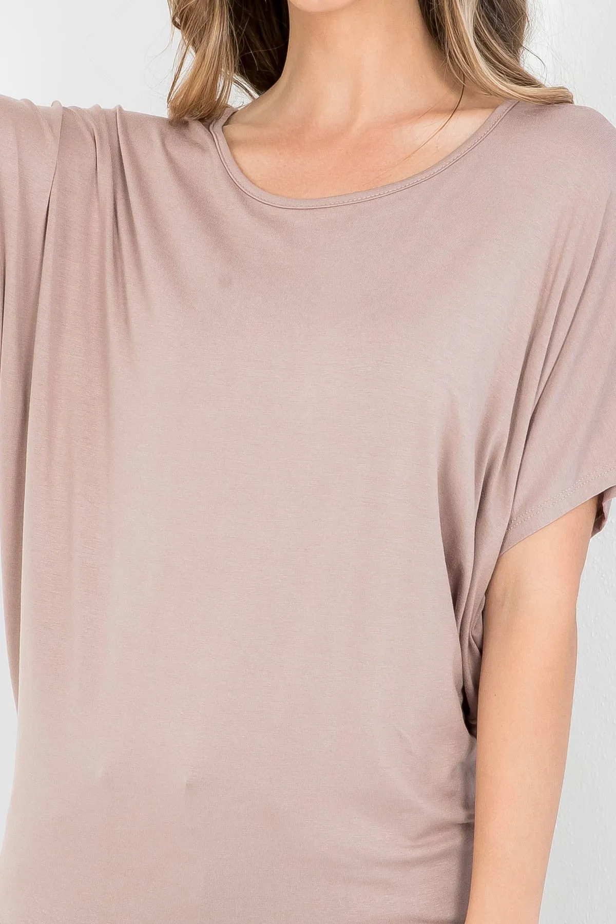 MOCHA ROUND NECKLINE BATWING BLOUSE TOP