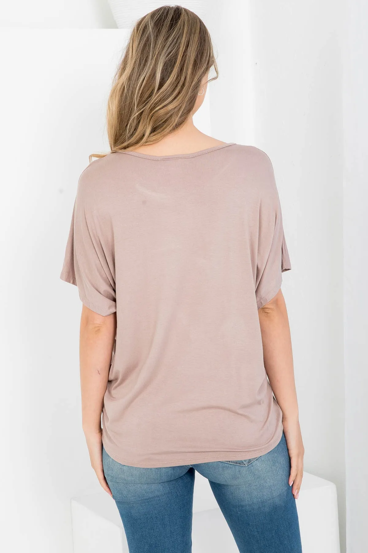 MOCHA ROUND NECKLINE BATWING BLOUSE TOP