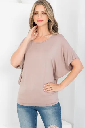 MOCHA ROUND NECKLINE BATWING BLOUSE TOP