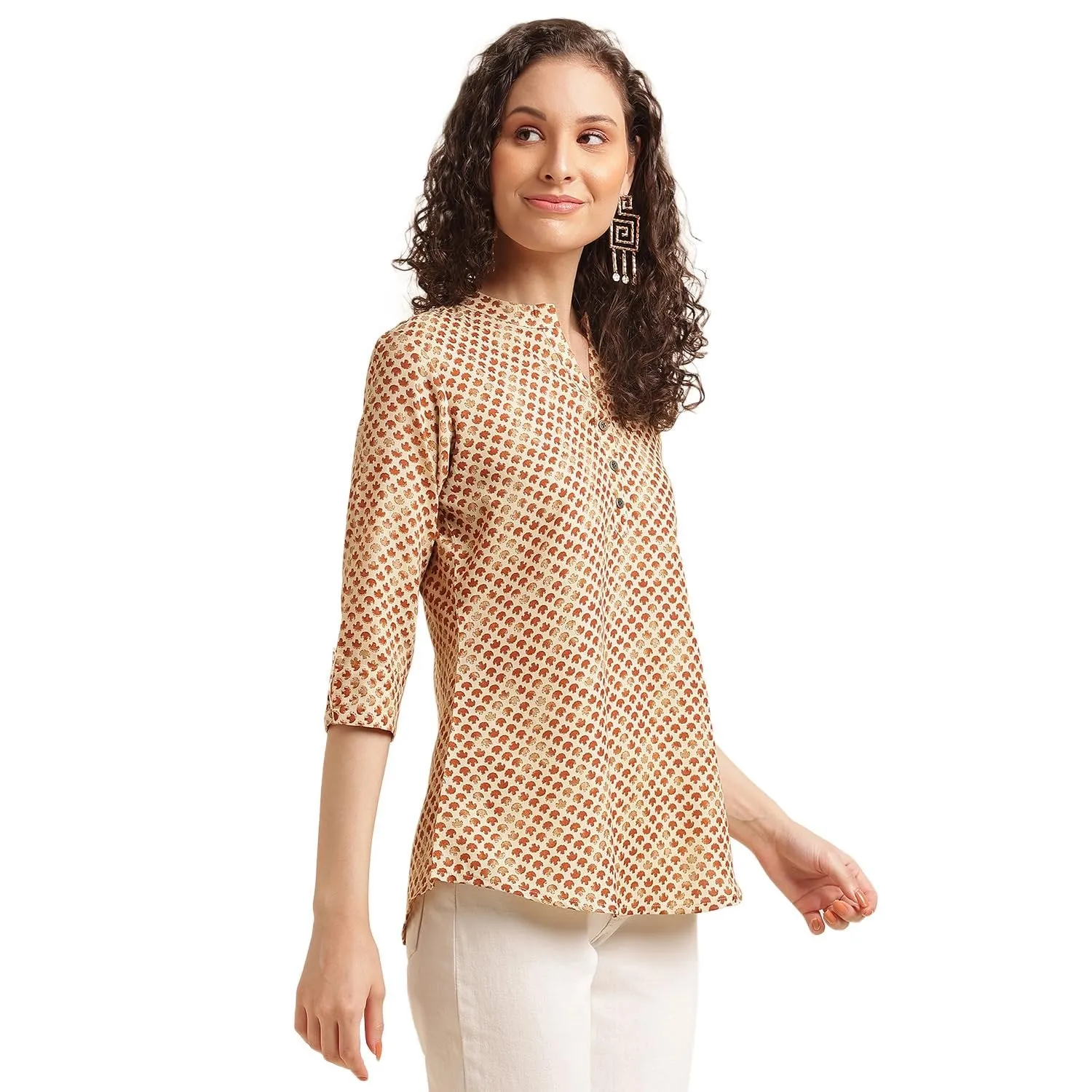 Mustard Cotton Blend Printed Shirt Top for Women - Stylish Office Wear