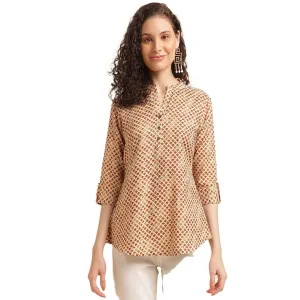 Mustard Cotton Blend Printed Shirt Top for Women - Stylish Office Wear