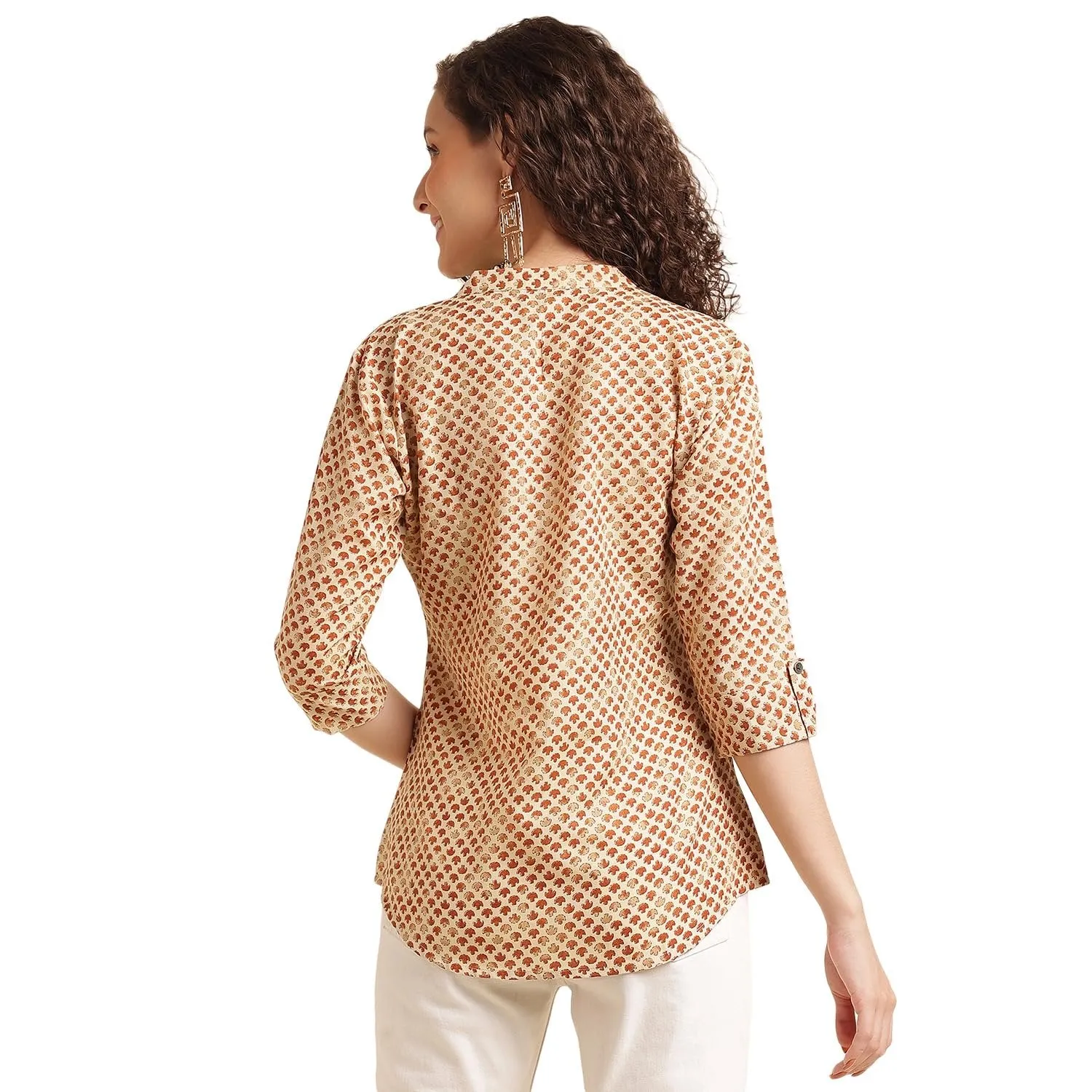 Mustard Cotton Blend Printed Shirt Top for Women - Stylish Office Wear