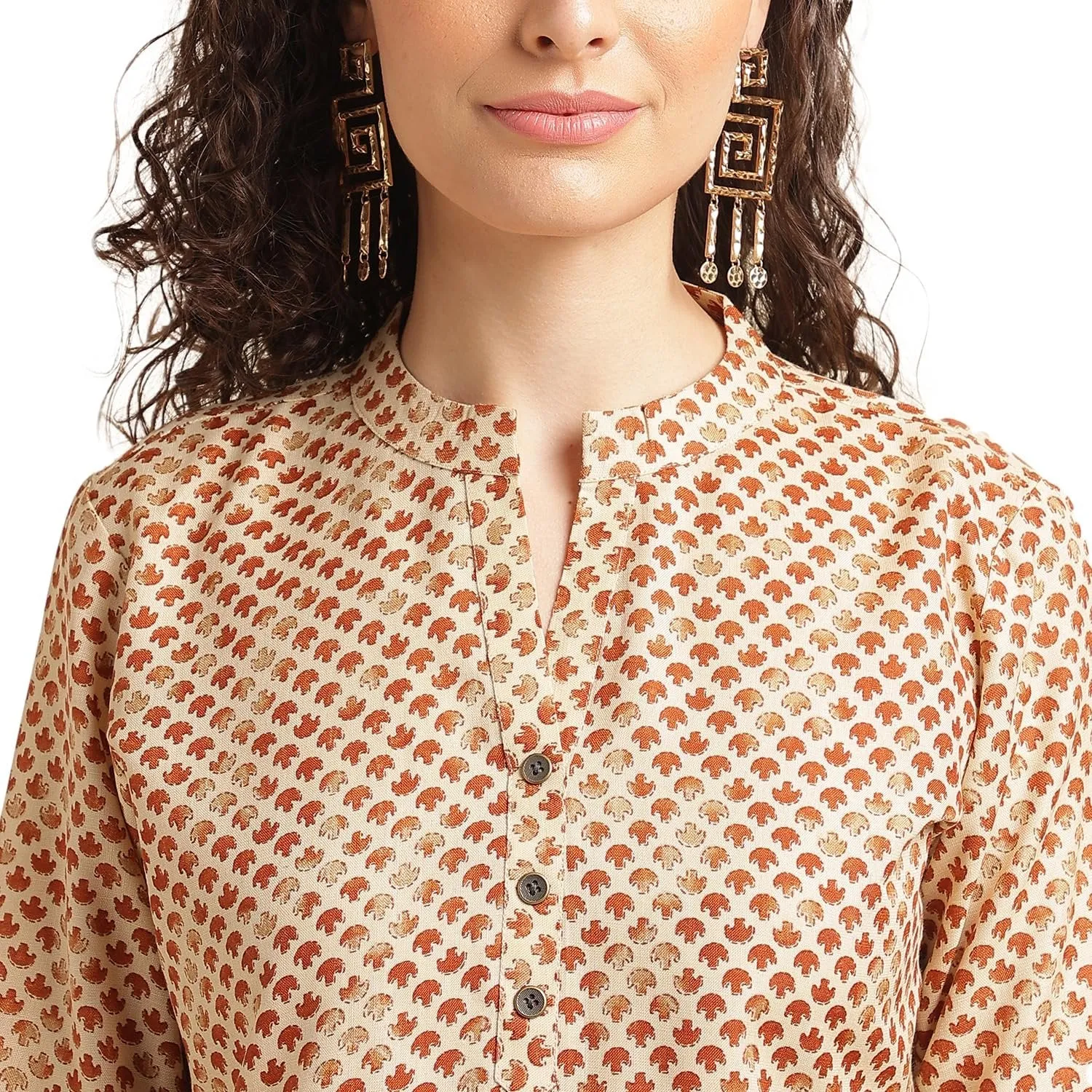 Mustard Cotton Blend Printed Shirt Top for Women - Stylish Office Wear