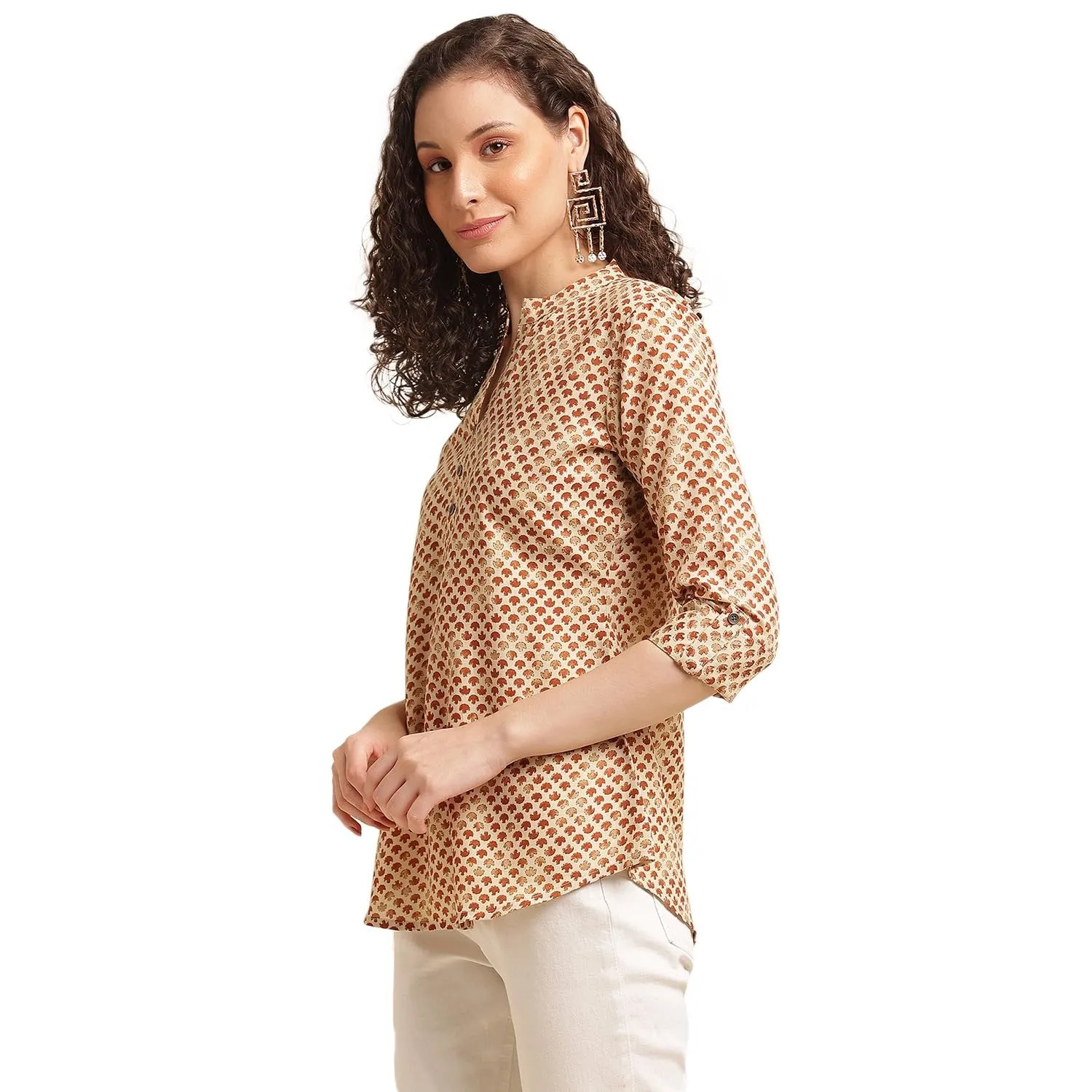 Mustard Cotton Blend Printed Shirt Top for Women - Stylish Office Wear