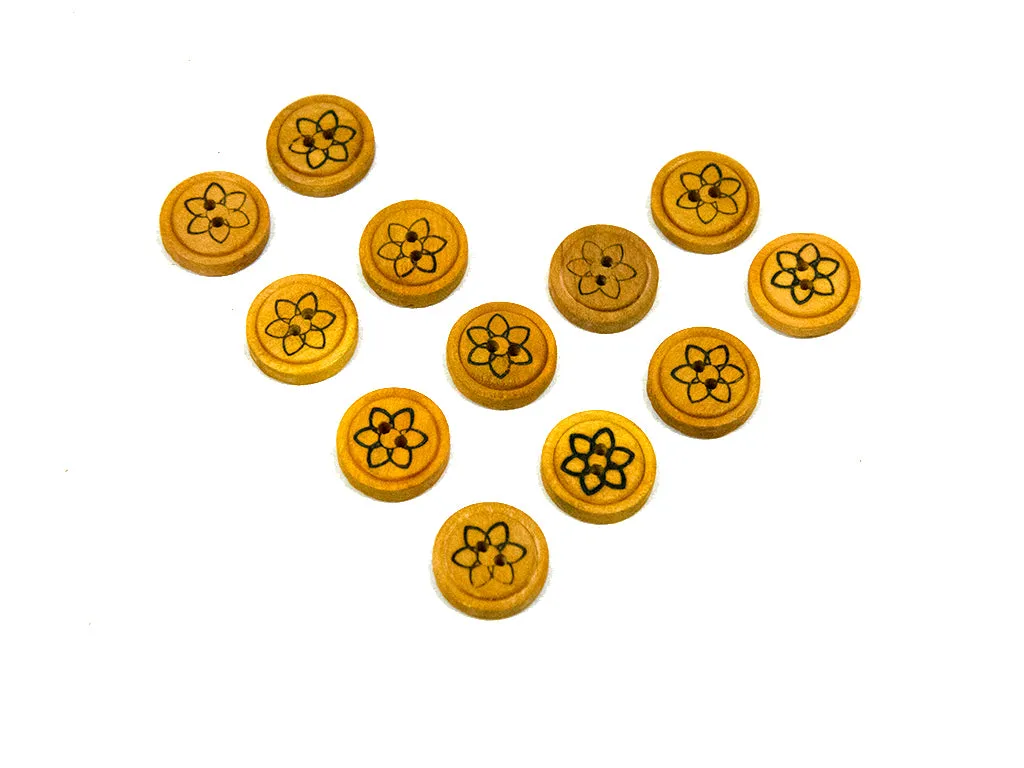 Mustard Fancy Floral Printed 2 Hole Wooden Buttons - 32L