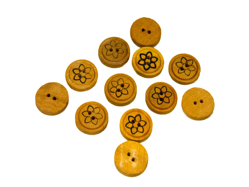 Mustard Fancy Floral Printed 2 Hole Wooden Buttons - 32L