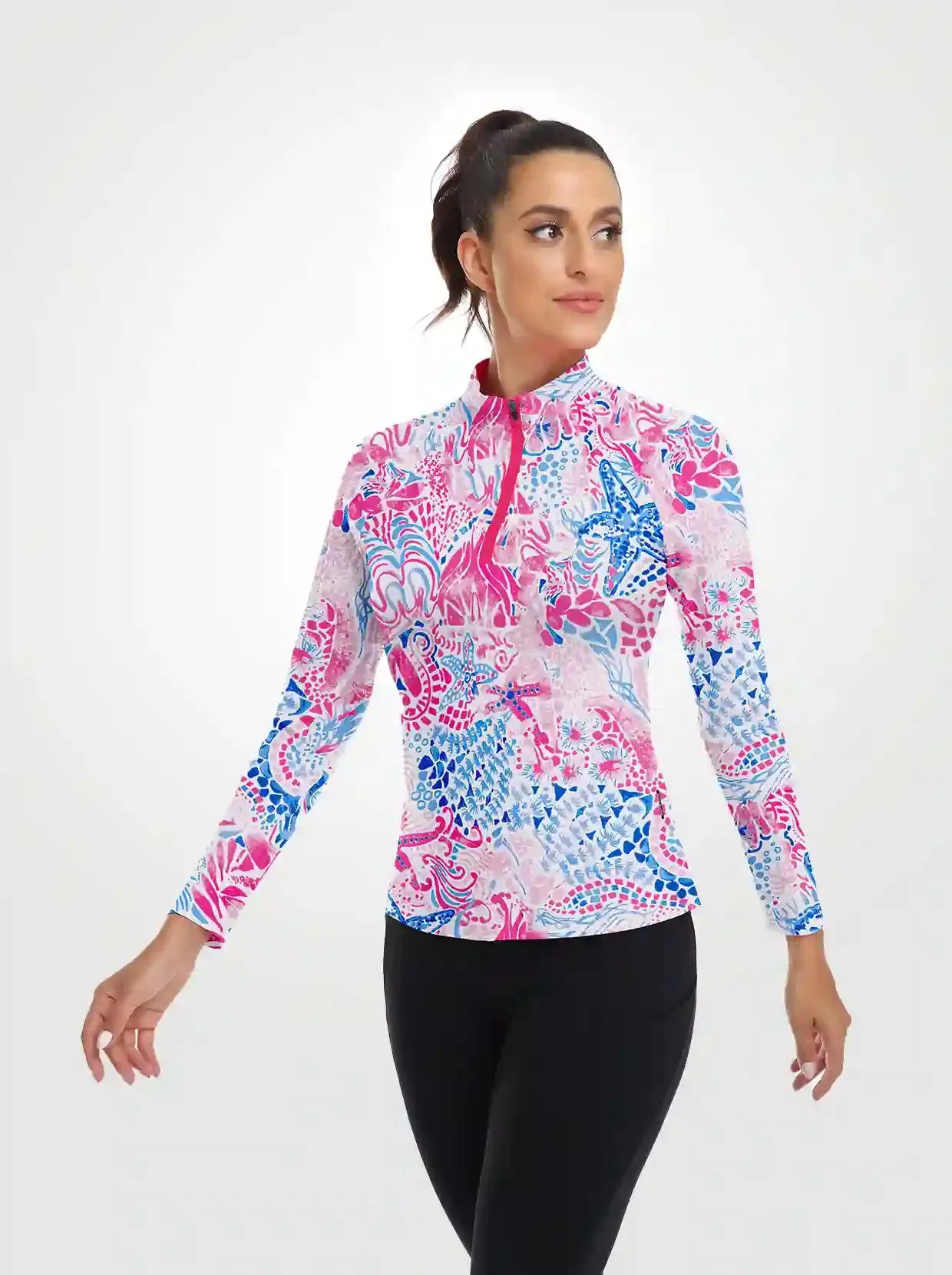 Oceanic Pattern Quarterzip Long-sleeve Shirt for Women