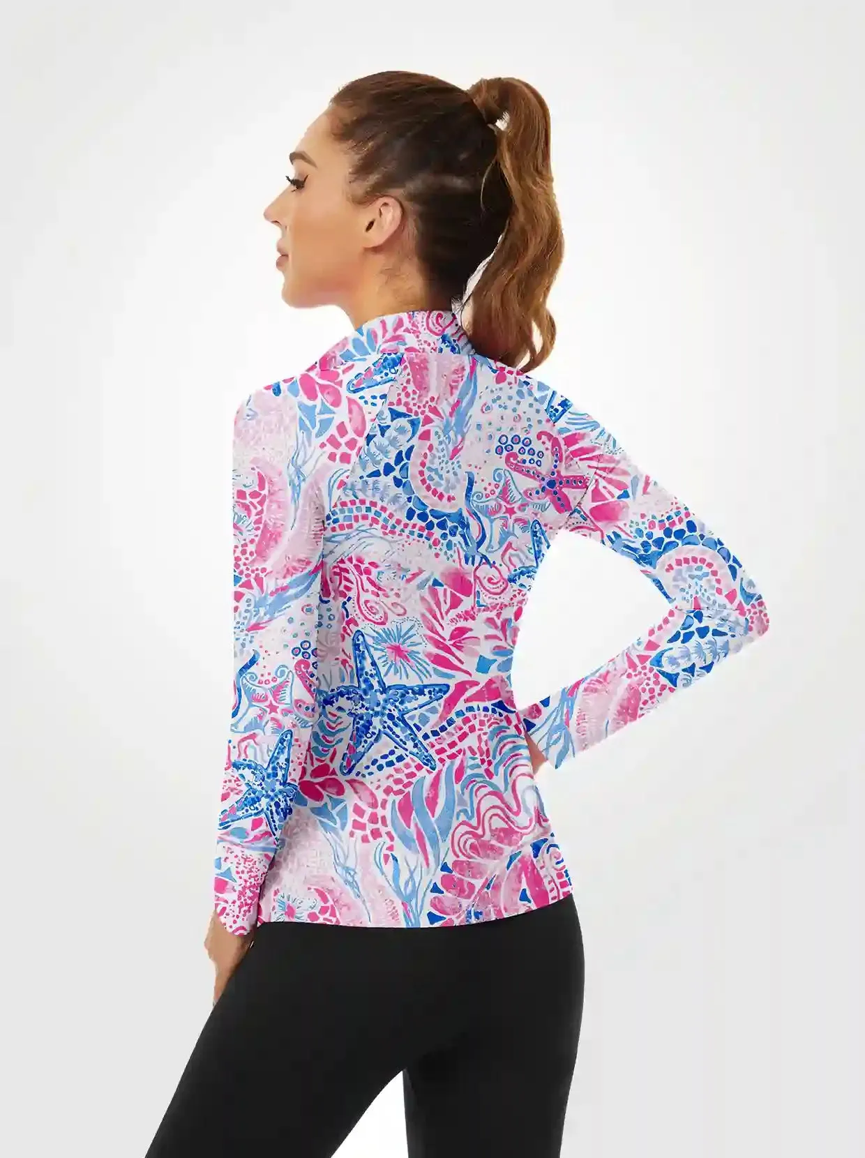 Oceanic Pattern Quarterzip Long-sleeve Shirt for Women