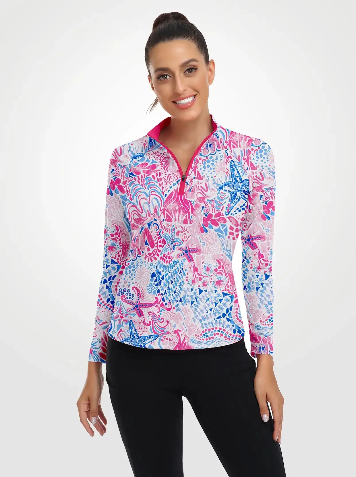 Oceanic Pattern Quarterzip Long-sleeve Shirt for Women