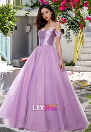 Off-Shoulder Spaghetti Straps Pleated A-Line Prom Dress