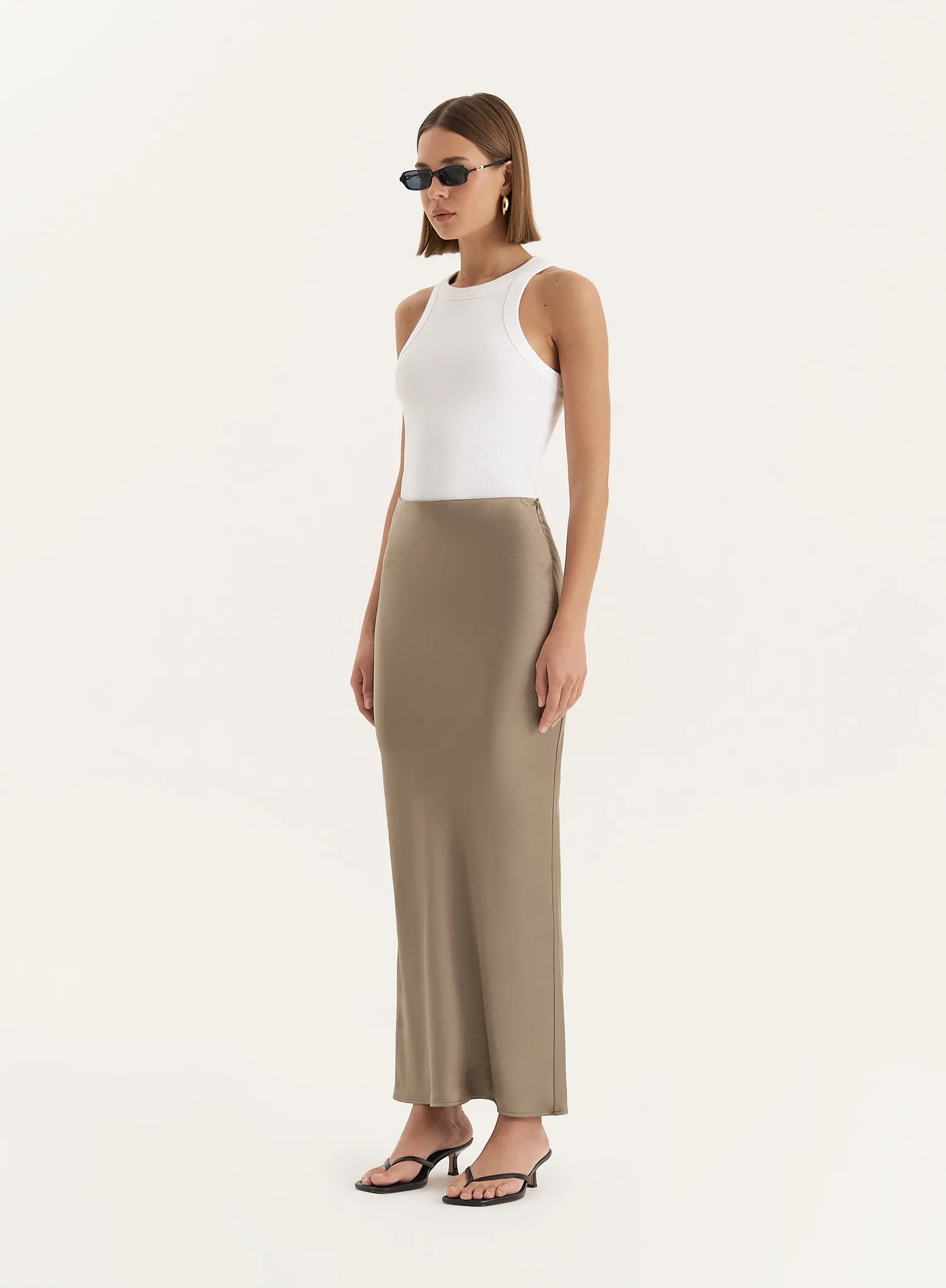 Olive Satin Maxi Skirt- Novah