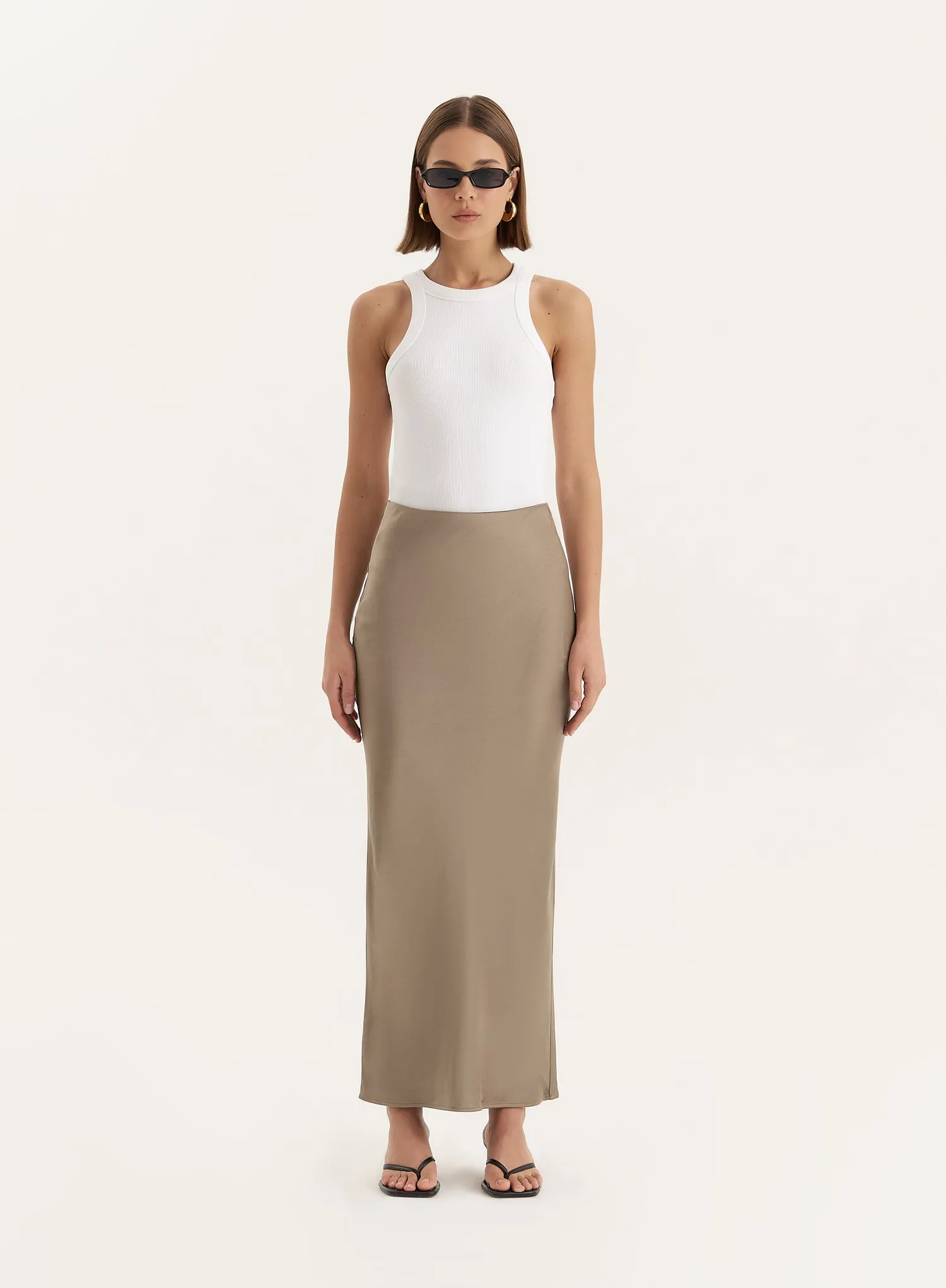 Olive Satin Maxi Skirt- Novah