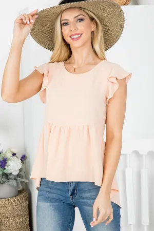 PEACH ROUND NECKLINE RUFFLE SLEEVES RUFFL HIGH-LOW TOP