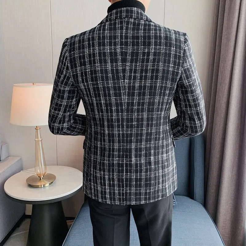 Plaid Double-Breasted Polyester Blazers