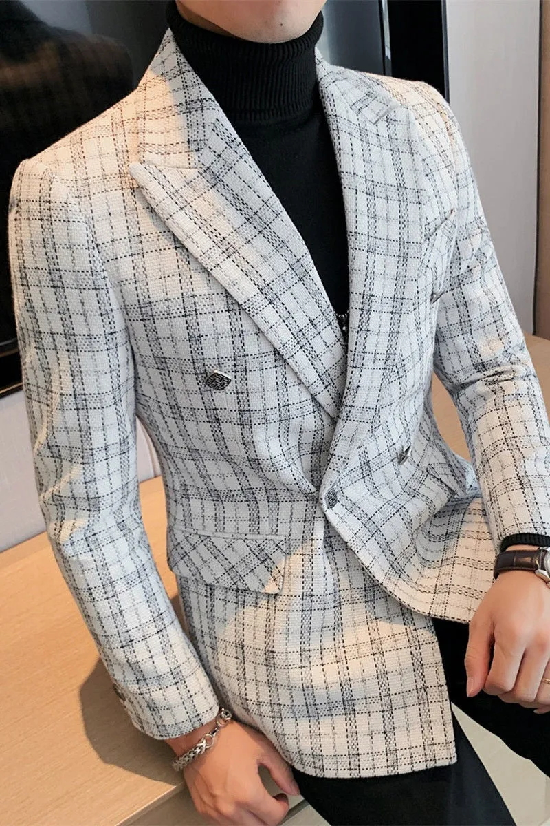 Plaid Double-Breasted Polyester Blazers