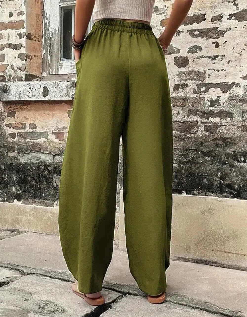 Plain Solid-color Casual Pocket Elastic Waist Pants