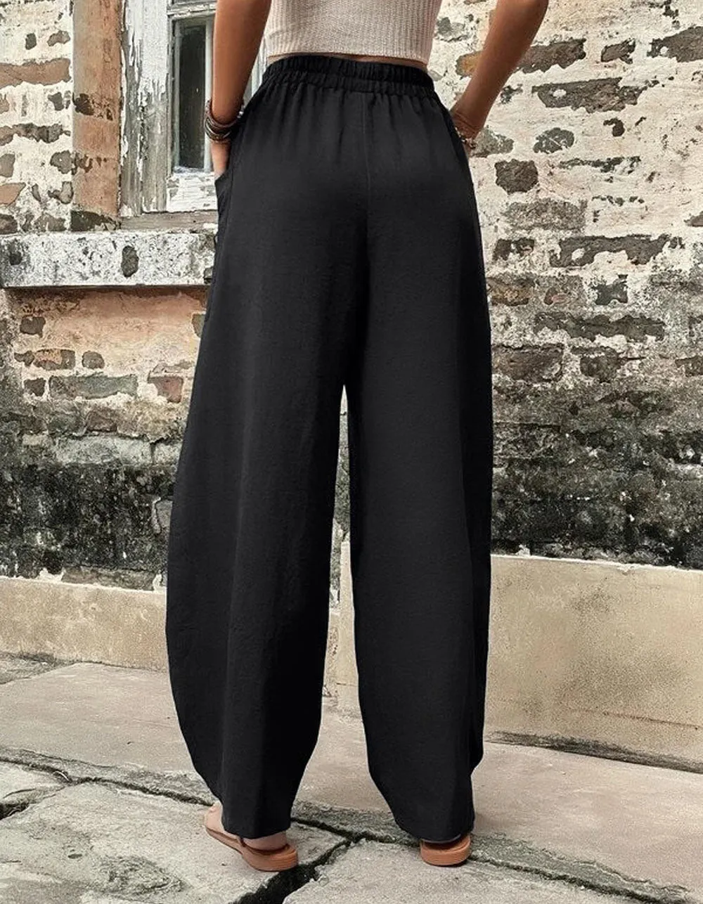 Plain Solid-color Casual Pocket Elastic Waist Pants