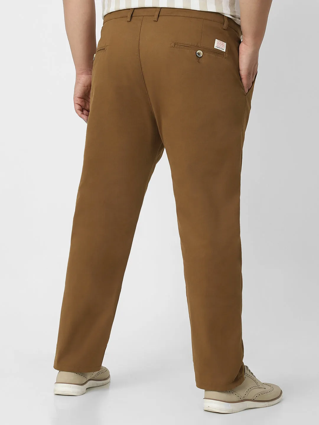 Plus Men's Brown Cotton Regular Fit Casual Chino Pants Stretch