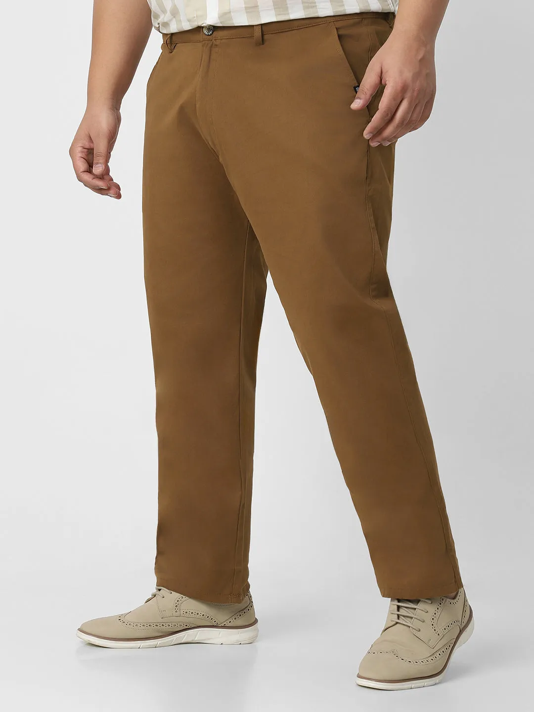 Plus Men's Brown Cotton Regular Fit Casual Chino Pants Stretch