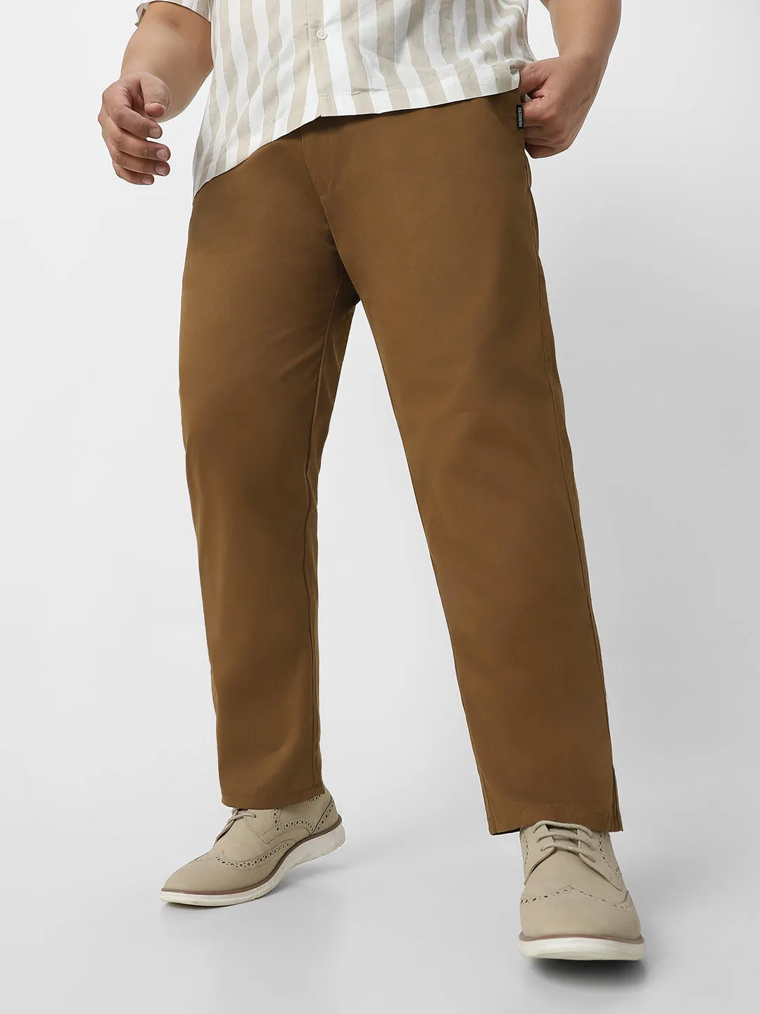 Plus Men's Brown Cotton Regular Fit Casual Chino Pants Stretch