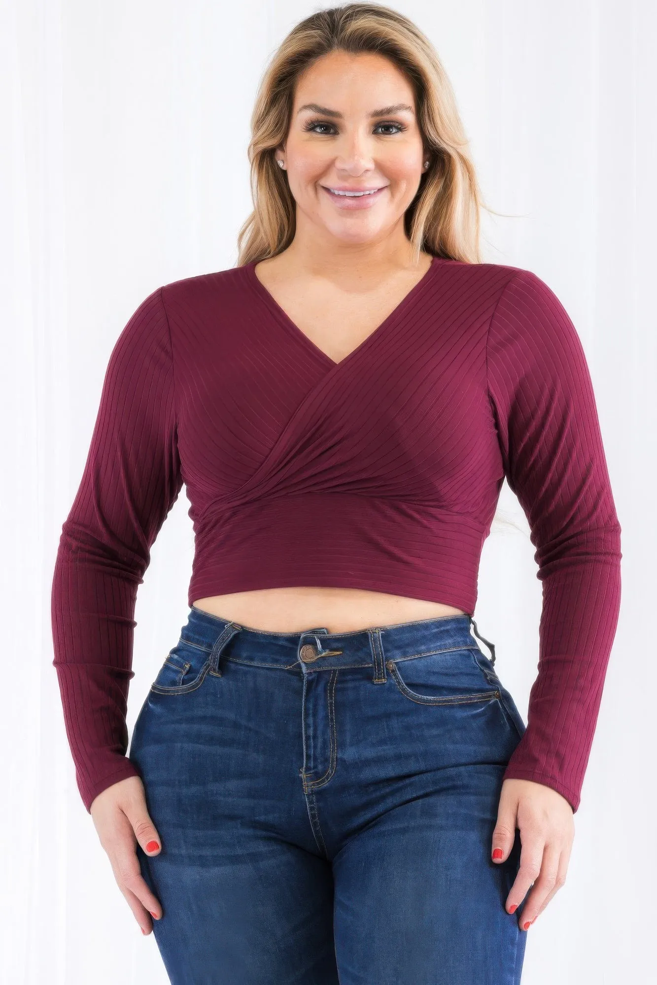 Plus Size Ribbed Wrap Front Long Sleeve Top