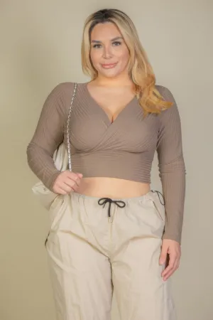 Plus Size Ribbed Wrap Front Long Sleeve Top