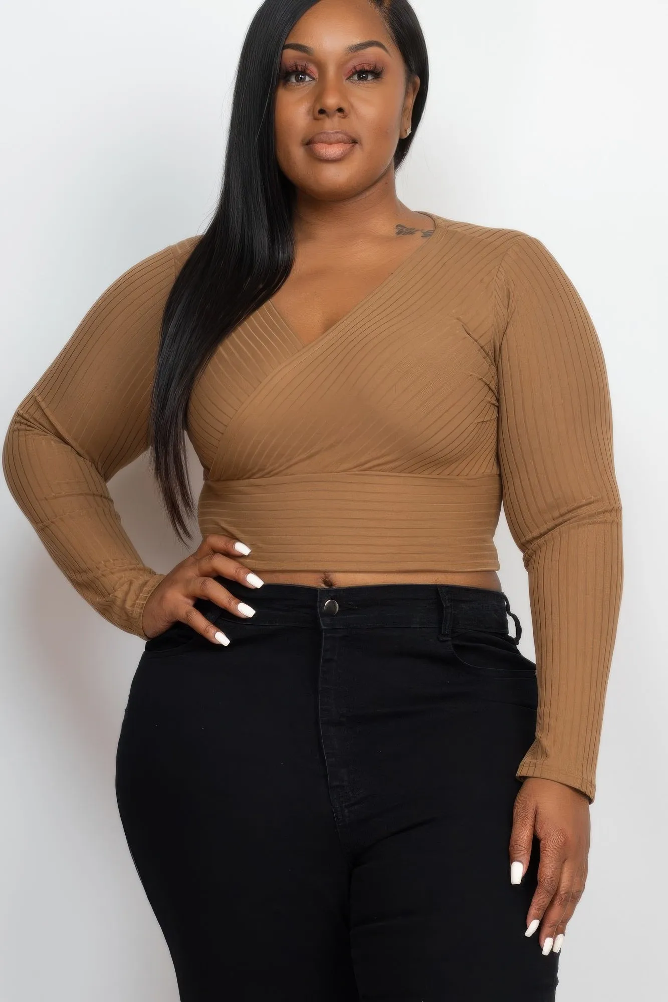 Plus Size Ribbed Wrap Front Long Sleeve Top