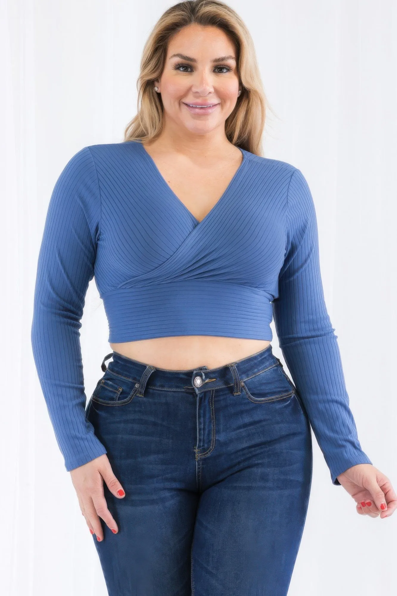 Plus Size Ribbed Wrap Front Long Sleeve Top