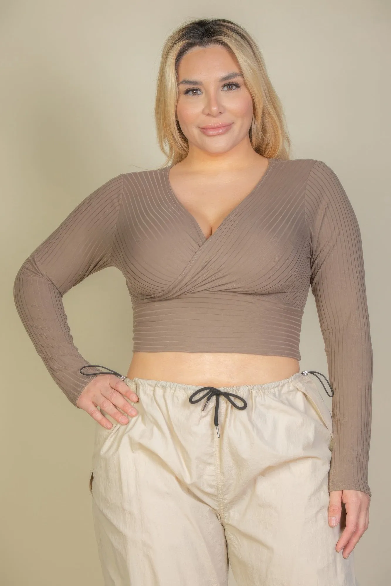 Plus Size Ribbed Wrap Front Long Sleeve Top