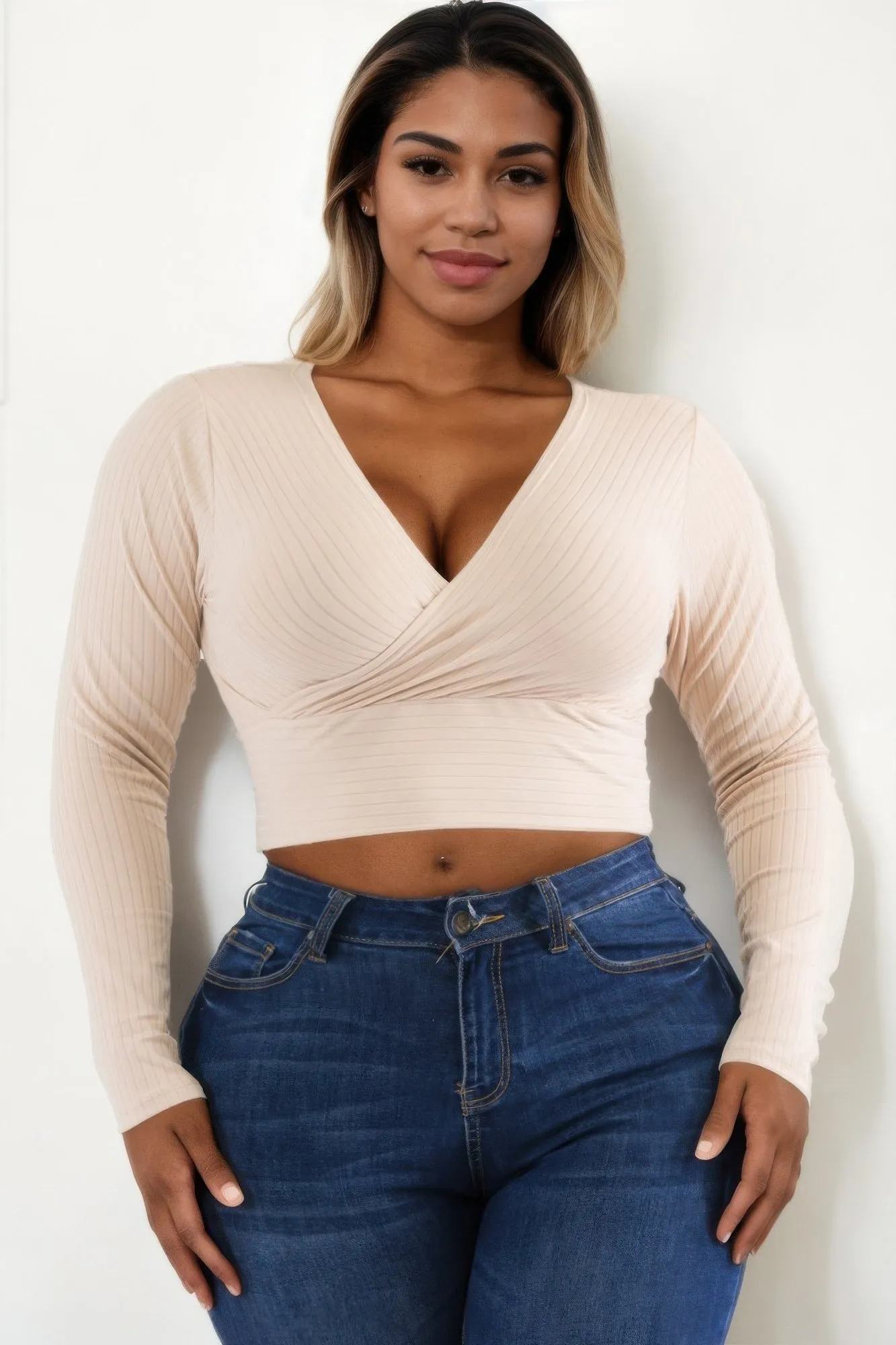 Plus Size Ribbed Wrap Front Long Sleeve Top