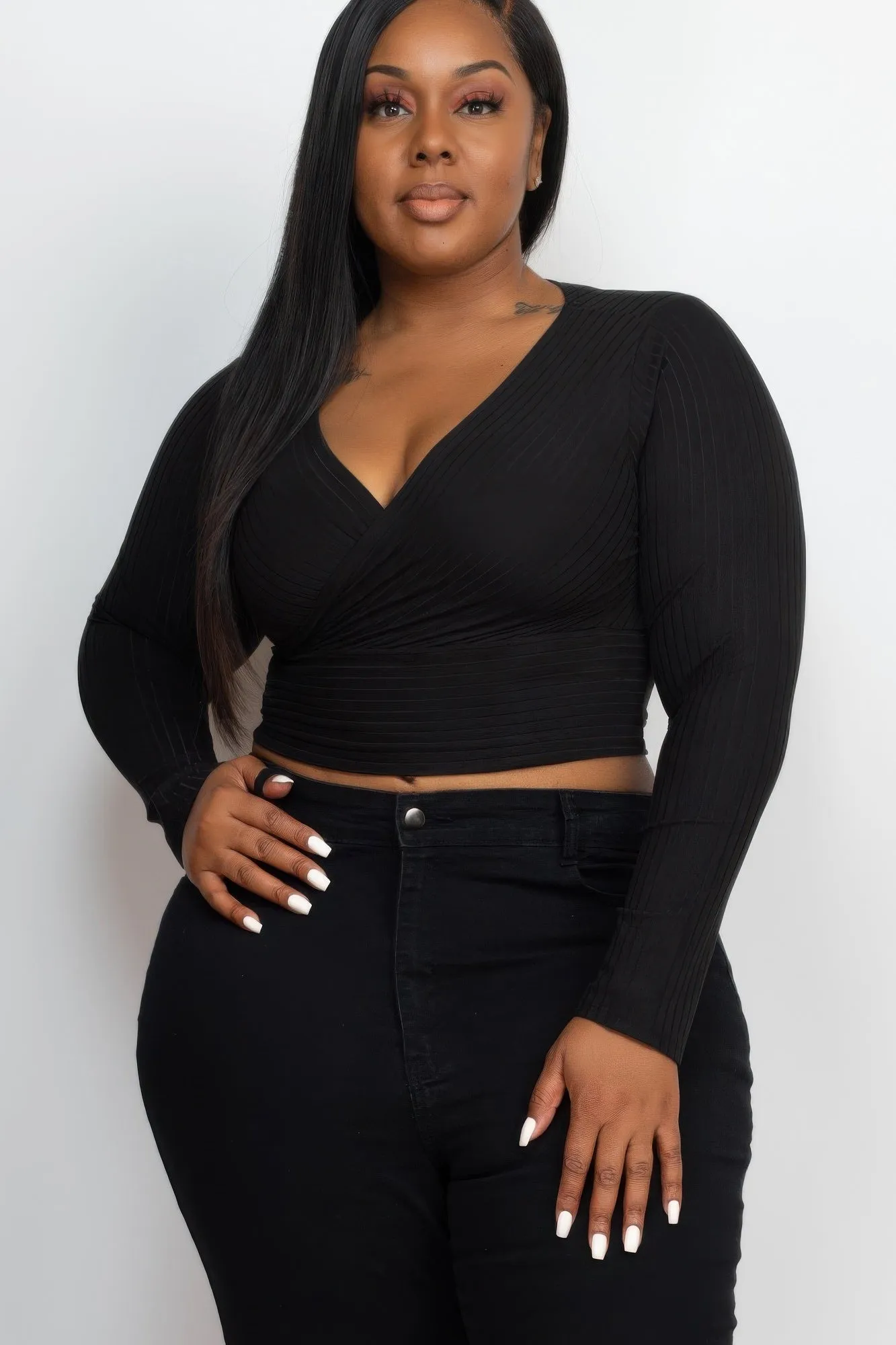 Plus Size Ribbed Wrap Front Long Sleeve Top