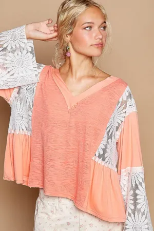 POL Coral Lace Detail V-Neck Flare Sleeve Blouse