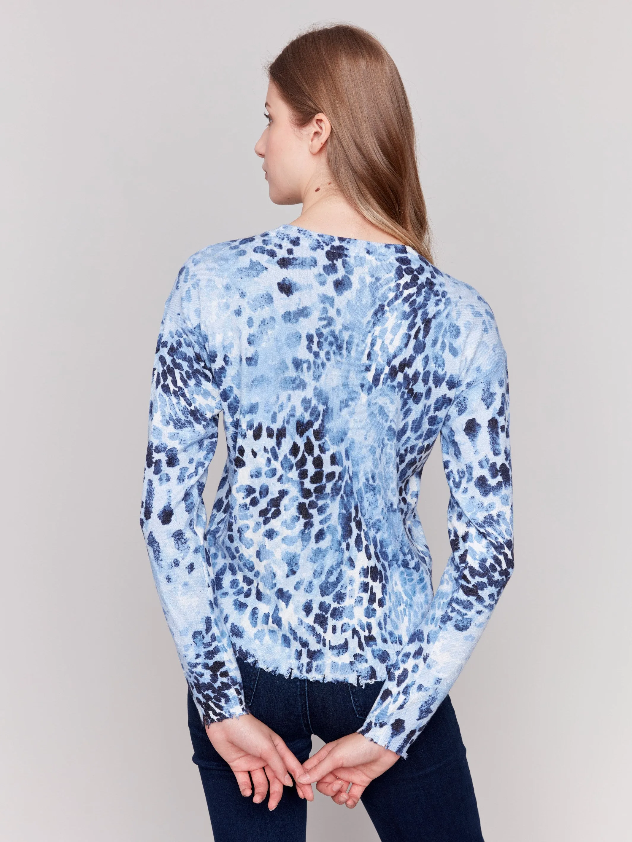 Printed Frayed Edge Round Hem Sweater - Indigo