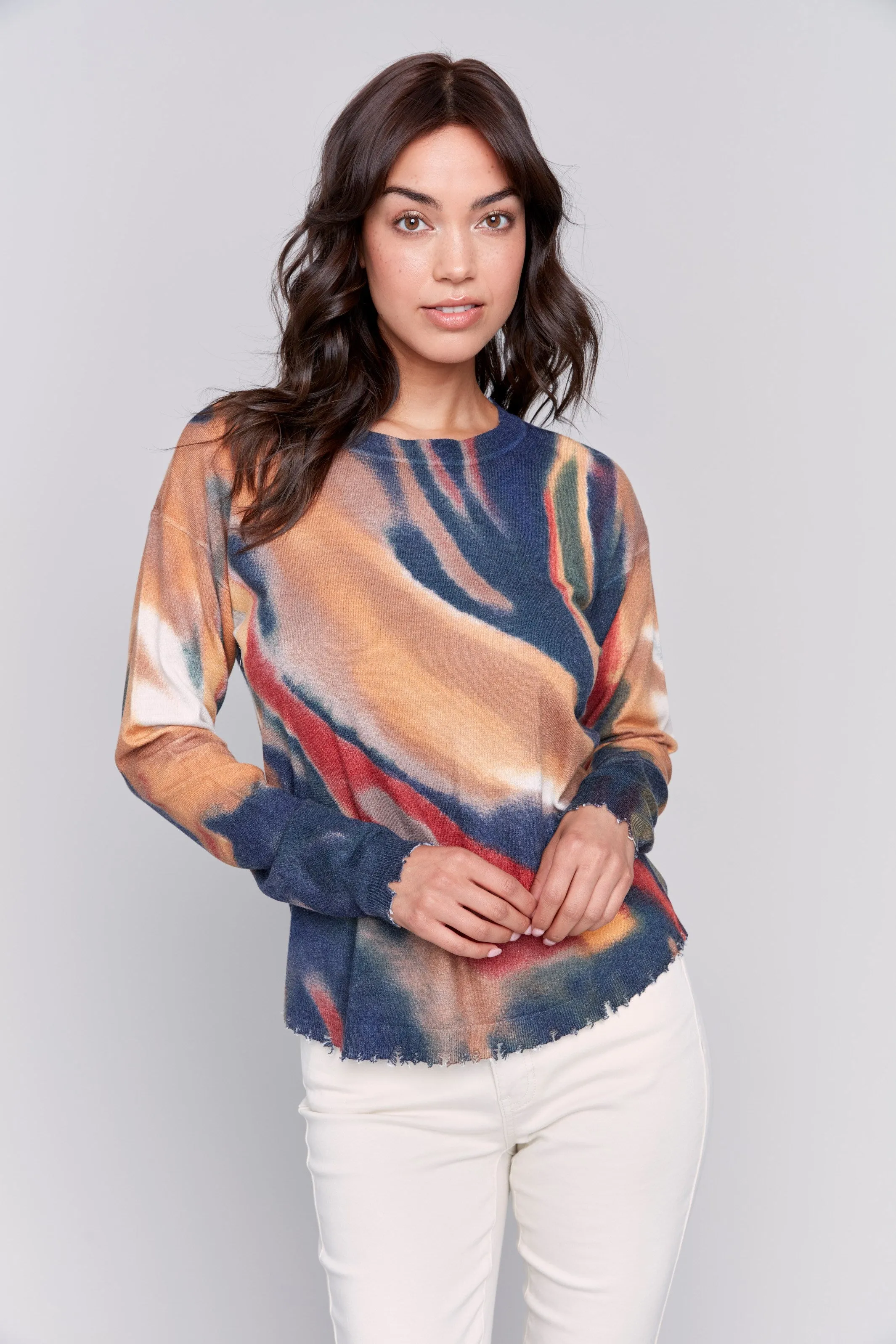 Printed Frayed Edge Round Hem Sweater - Spruce