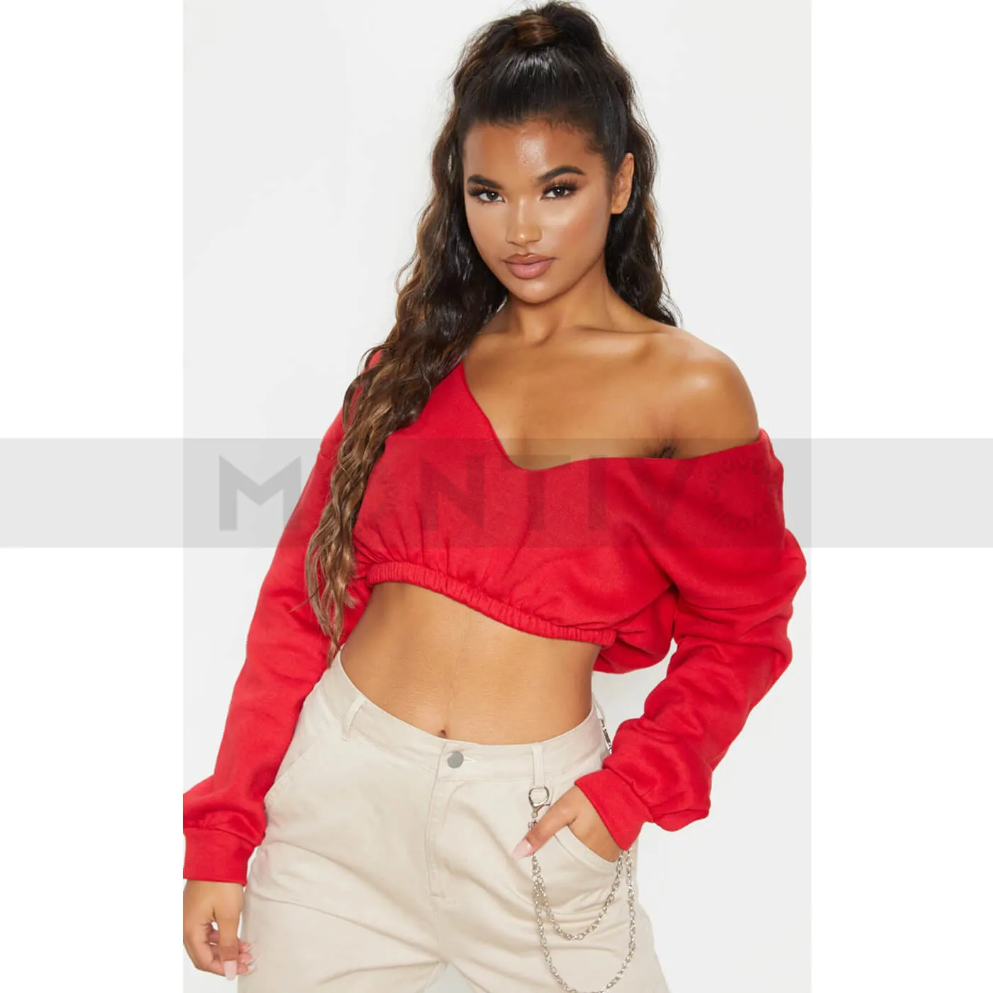 PTL Red Crop Off Shoulder Sweatshirt