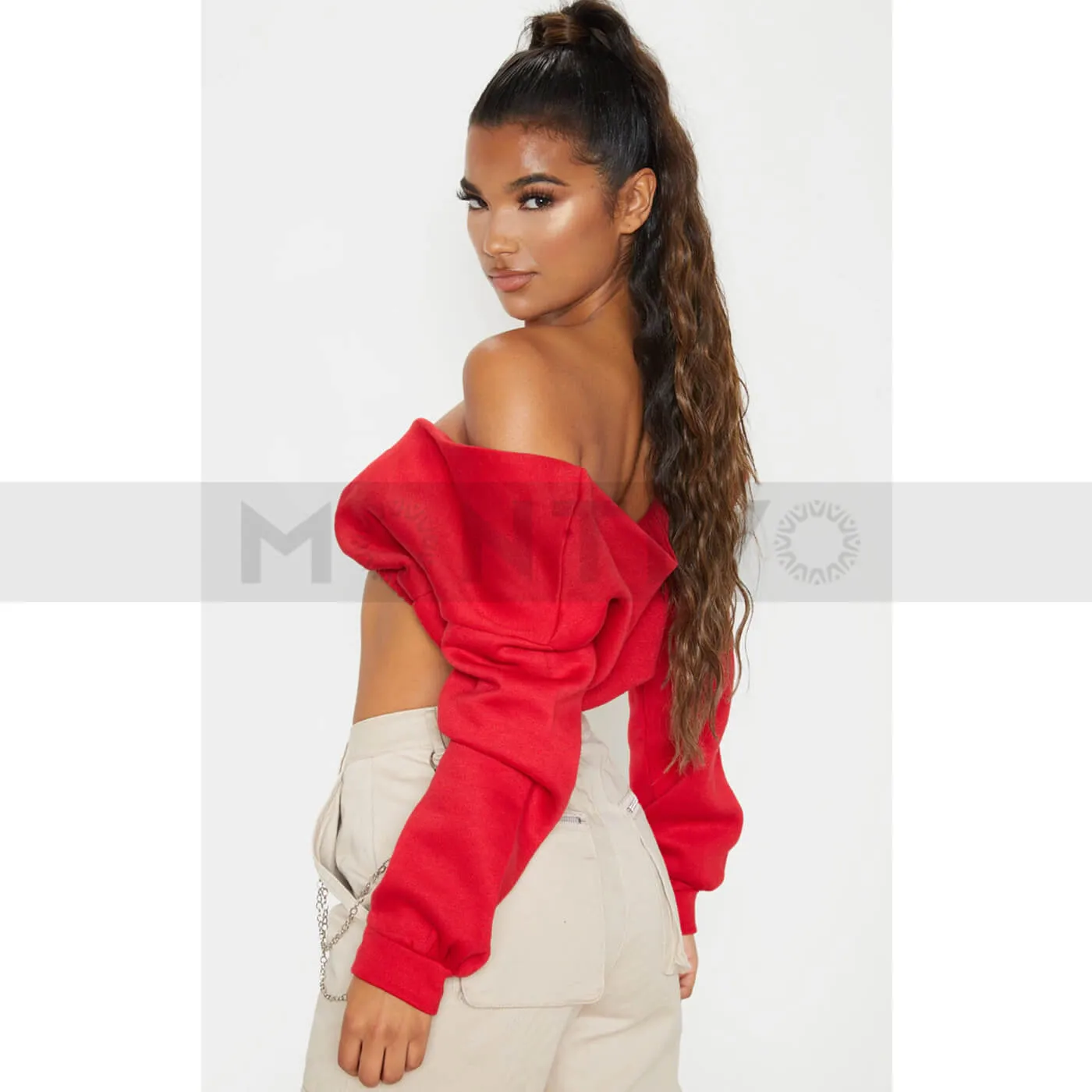 PTL Red Crop Off Shoulder Sweatshirt