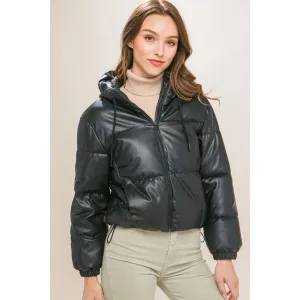 Pu Faux Leather Zipper Hooded Puffer Jacket