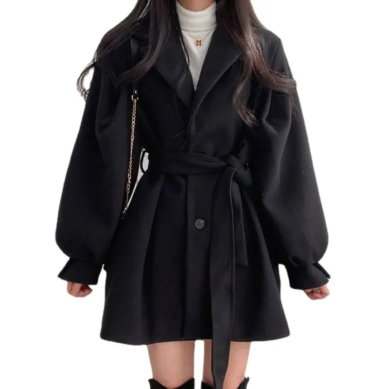 Puff Sleeve Belted Woolen Coat