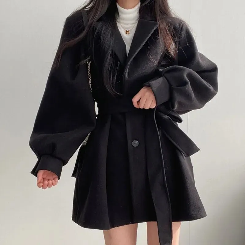 Puff Sleeve Belted Woolen Coat