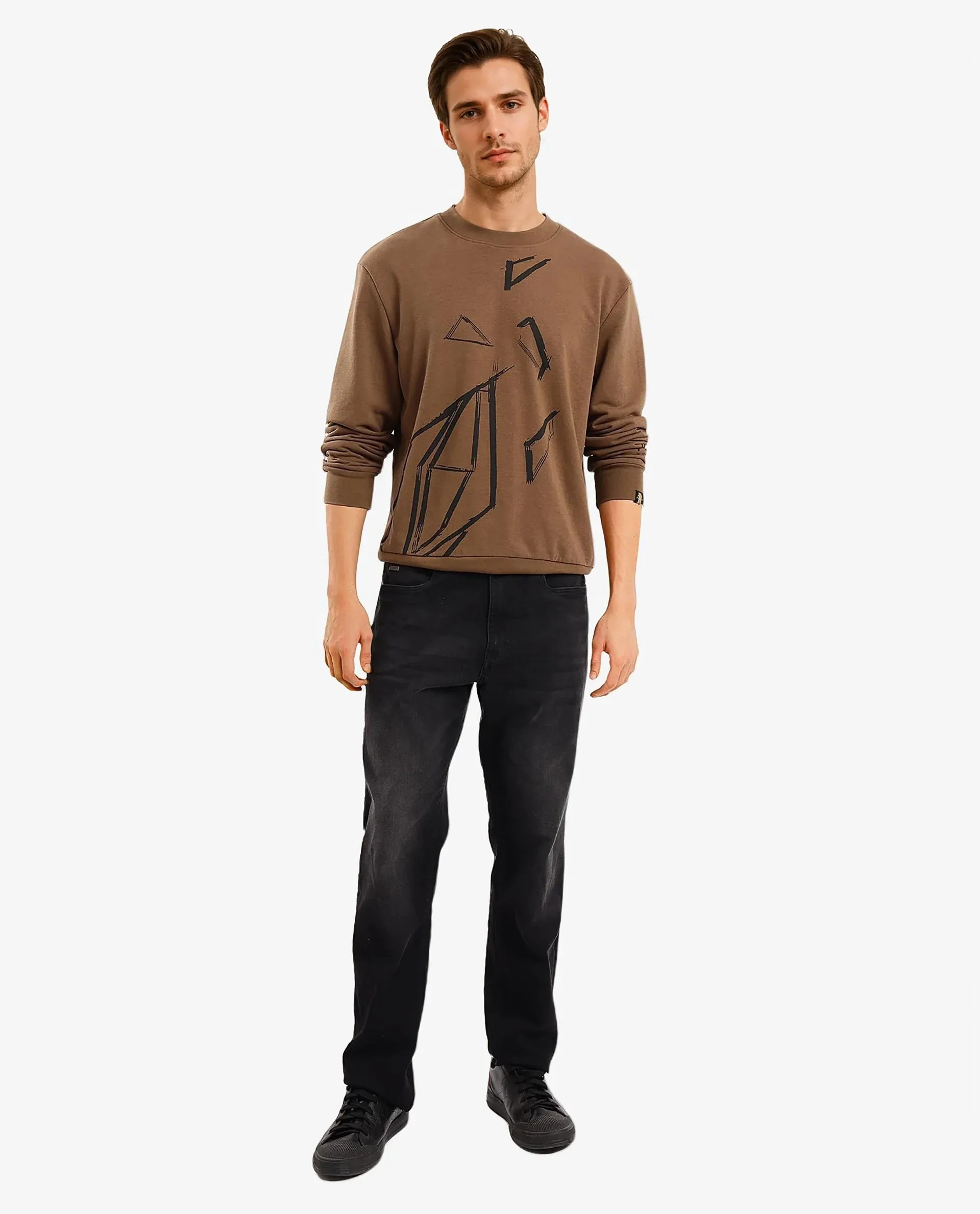 Rare Rabbit Men Drewo Dusky Olive Full Sleeve Crew Neck Graphic Print Sweatshirt