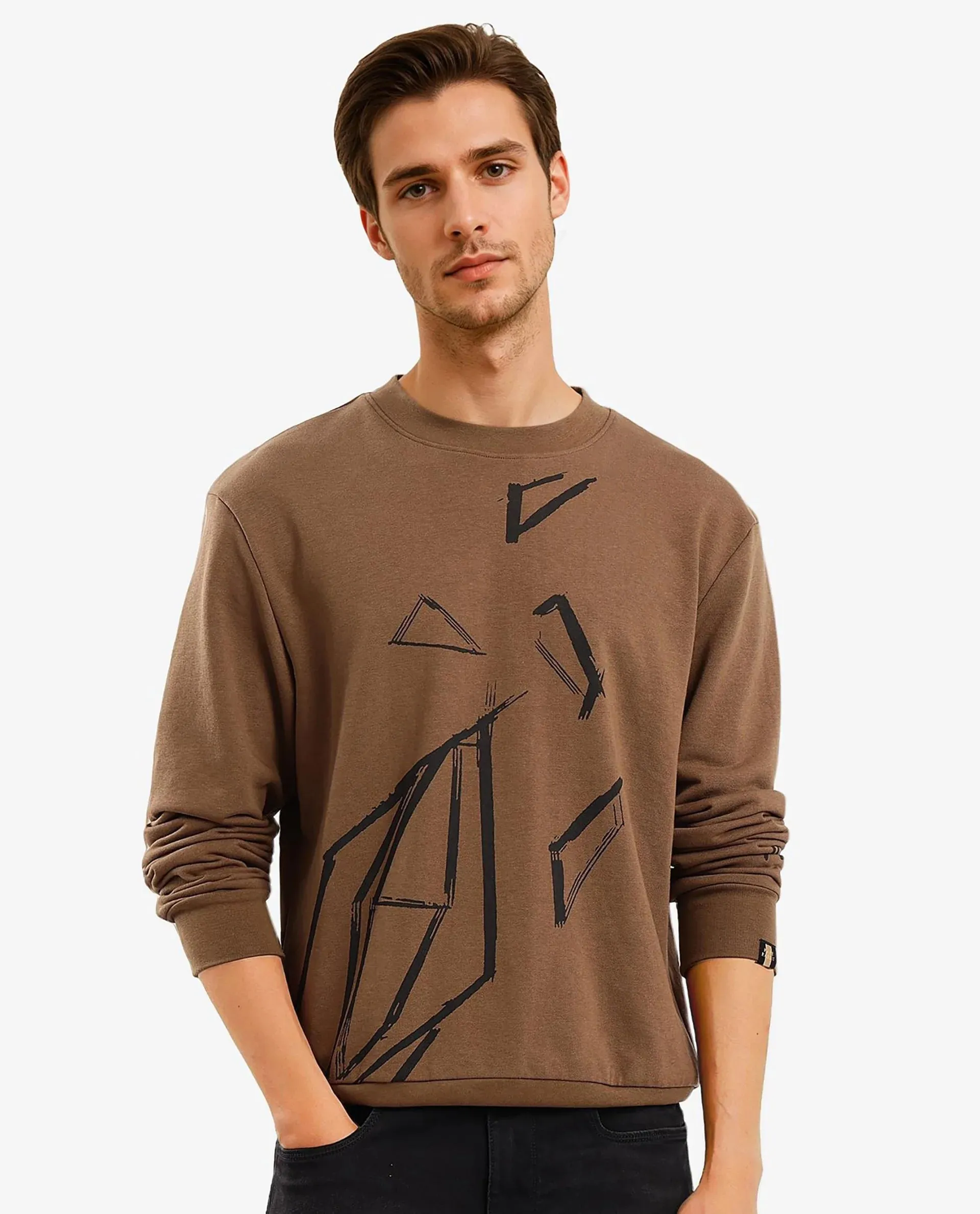 Rare Rabbit Men Drewo Dusky Olive Full Sleeve Crew Neck Graphic Print Sweatshirt