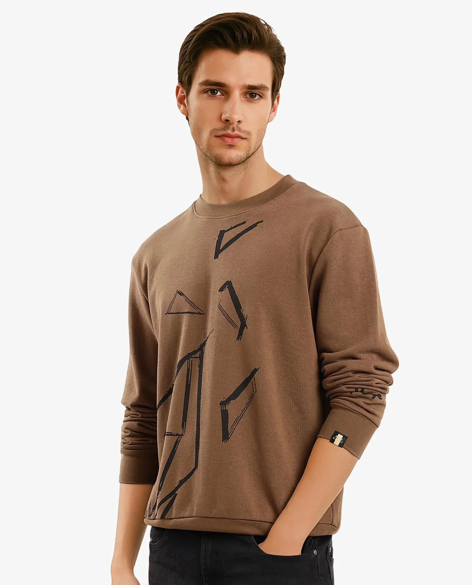 Rare Rabbit Men Drewo Dusky Olive Full Sleeve Crew Neck Graphic Print Sweatshirt