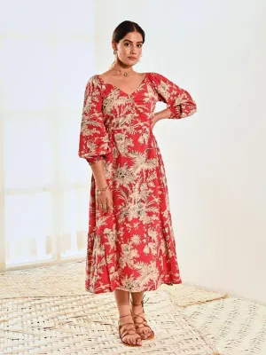 Red Cotton Floral Print A Line Long Dress